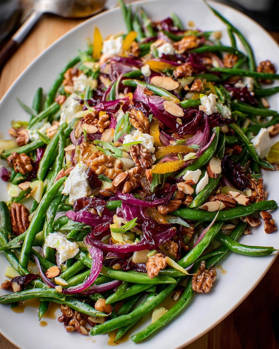 A vibrant Thanksgiving salad featuring green beans, red onion, nuts, and cheese, perfect for a 20-minute weeknight win.