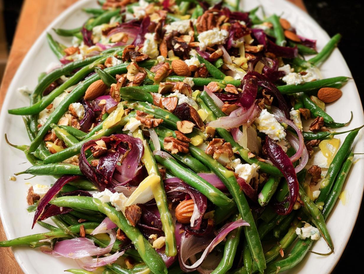 A vibrant Thanksgiving salad with crisp green beans, red onion, crumbled feta, and toasted nuts.