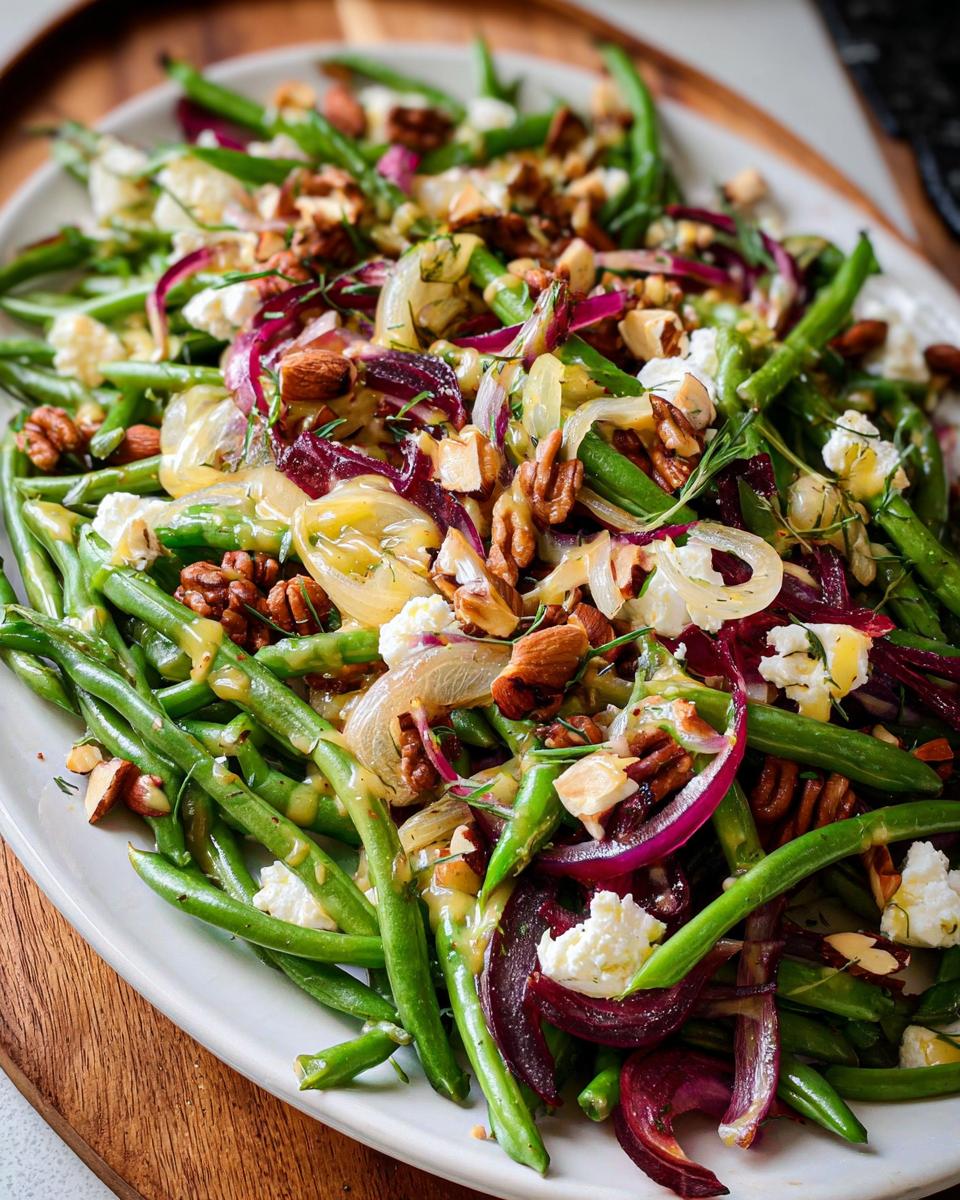 A vibrant Thanksgiving salad featuring crisp green beans, red onion, nuts, and cheese, perfect for quick weeknight meals.