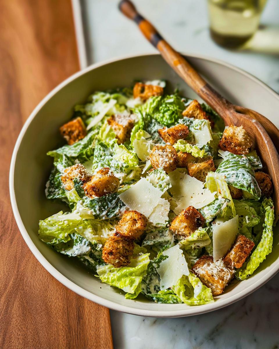 A bowl of classic Caesar salad with romaine lettuce, croutons, shaved Parmesan, and creamy dressing, perfect for Thanksgiving.