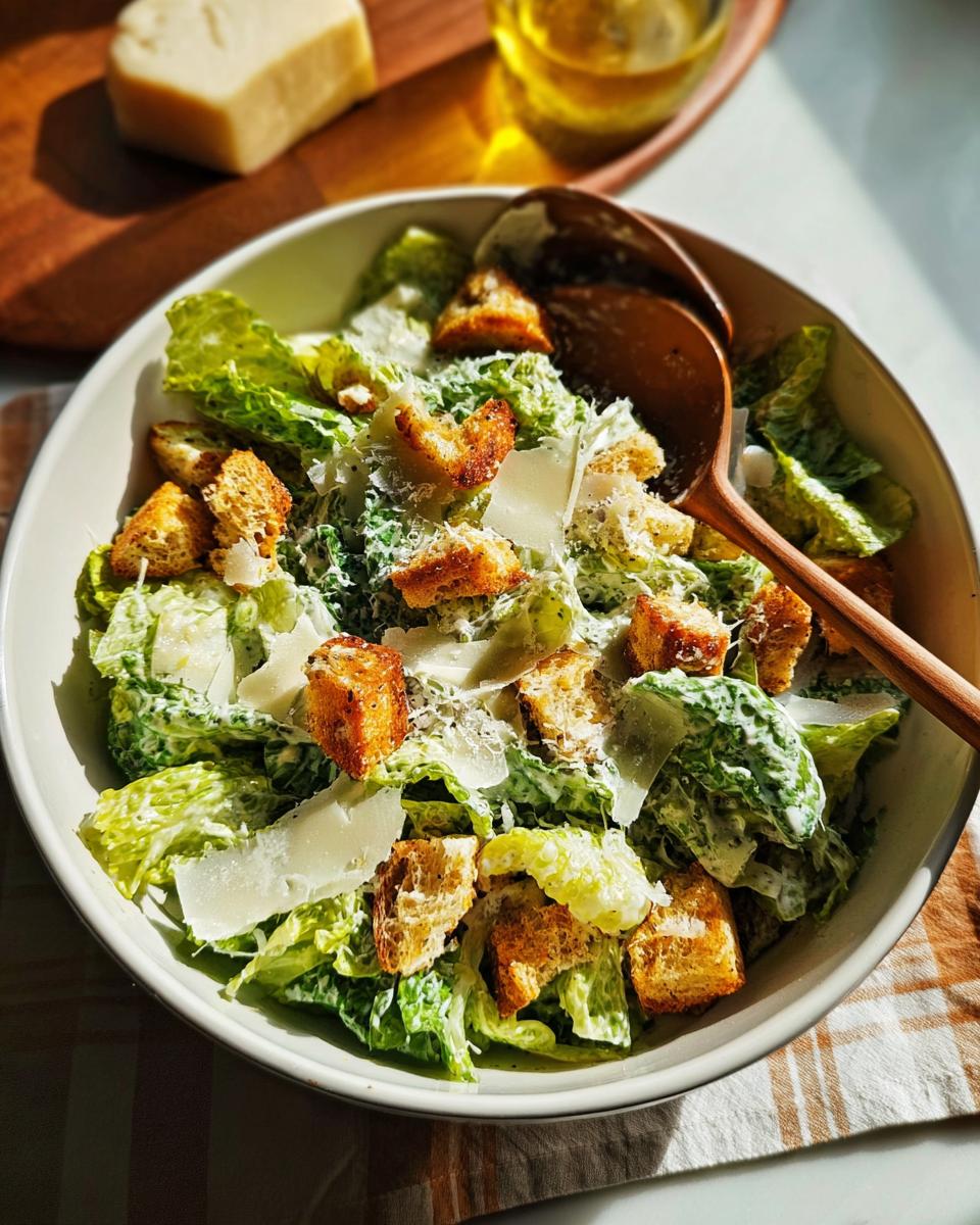 A delicious Caesar salad with fresh romaine lettuce, crunchy croutons, shaved parmesan, and creamy dressing, perfect for Thanksgiving.
