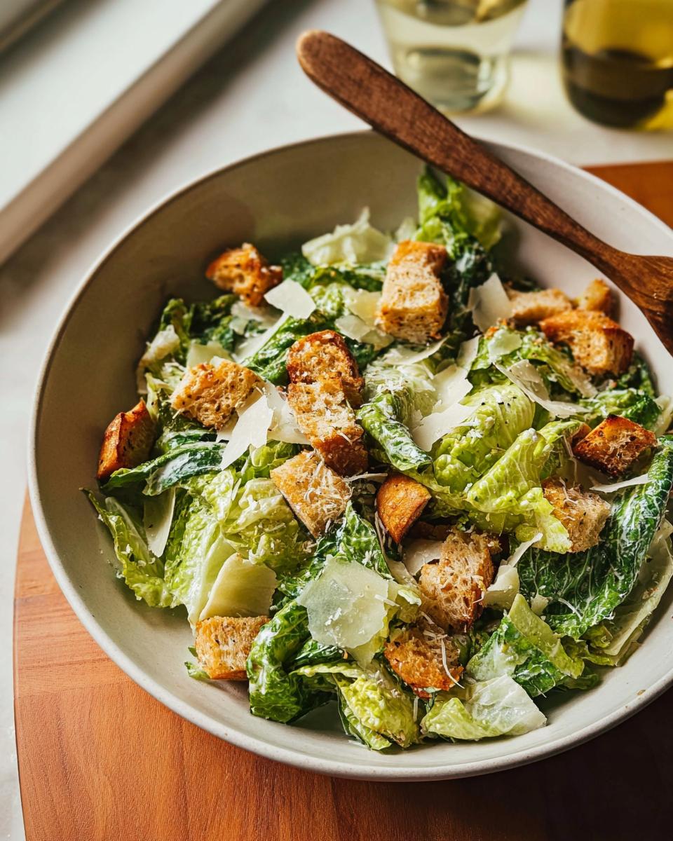 A bowl of fresh Caesar salad with croutons and shaved Parmesan cheese, a perfect Thanksgiving salad recipe.