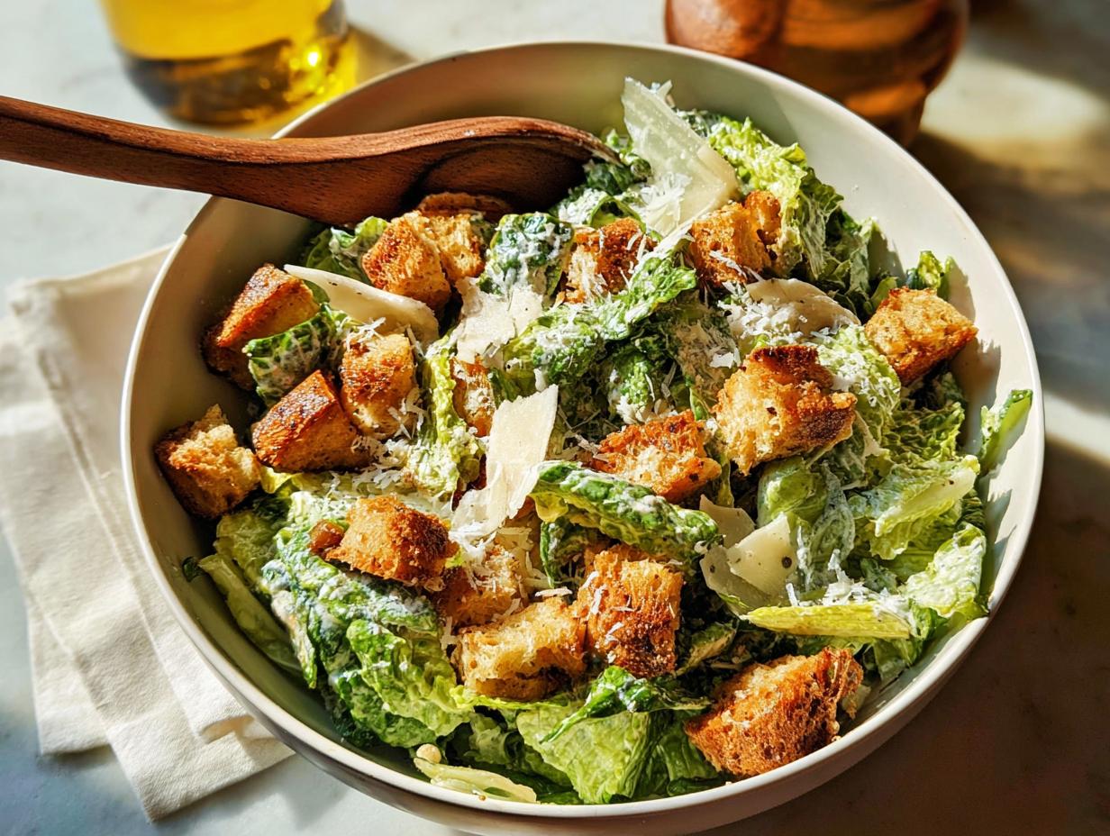A bowl of fresh Caesar salad with crispy croutons, shaved parmesan, and creamy dressing, perfect for Thanksgiving.