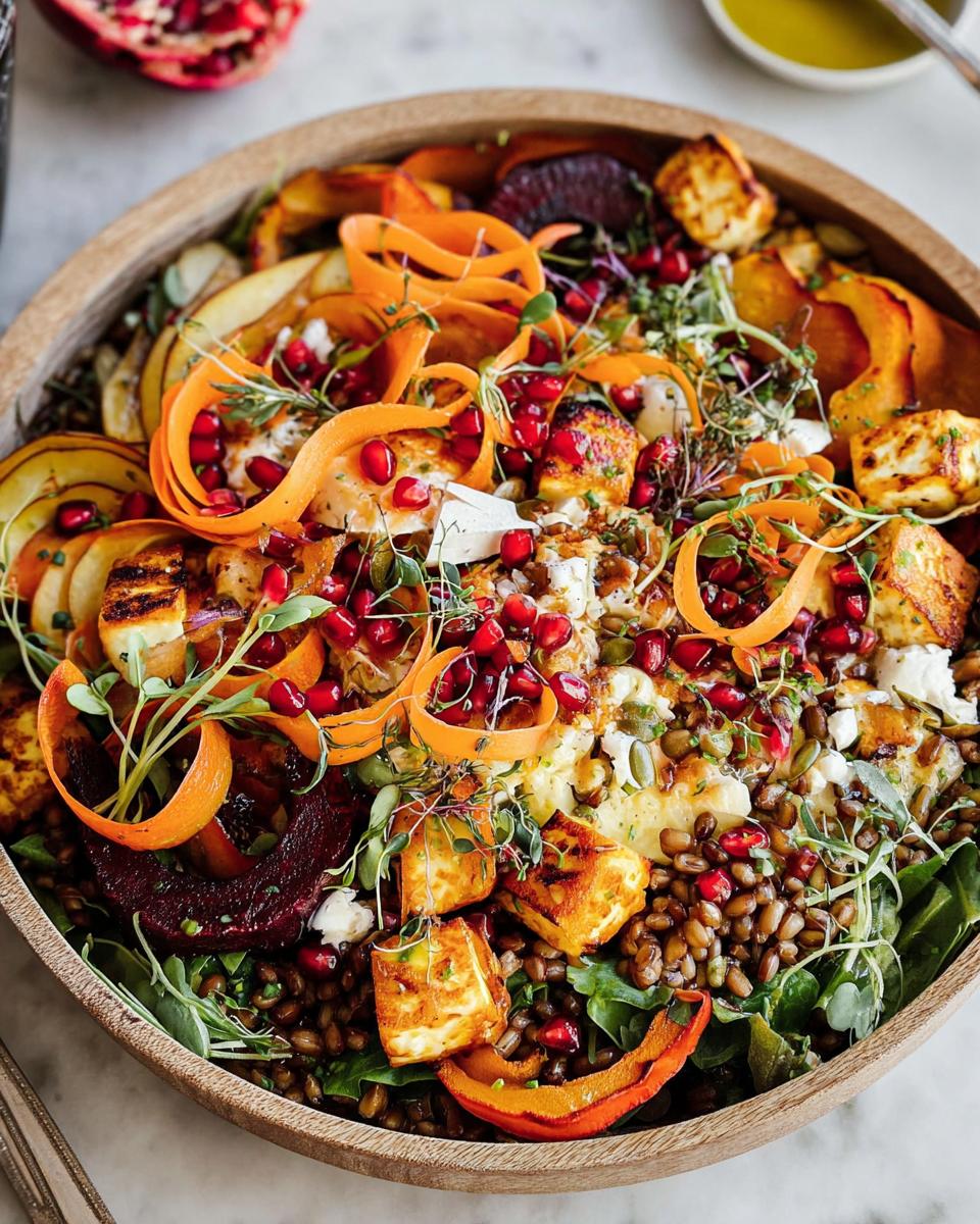 A vibrant Thanksgiving salad recipe featuring roasted vegetables, grilled halloumi, pomegranate seeds, and lentils in a wooden bowl.