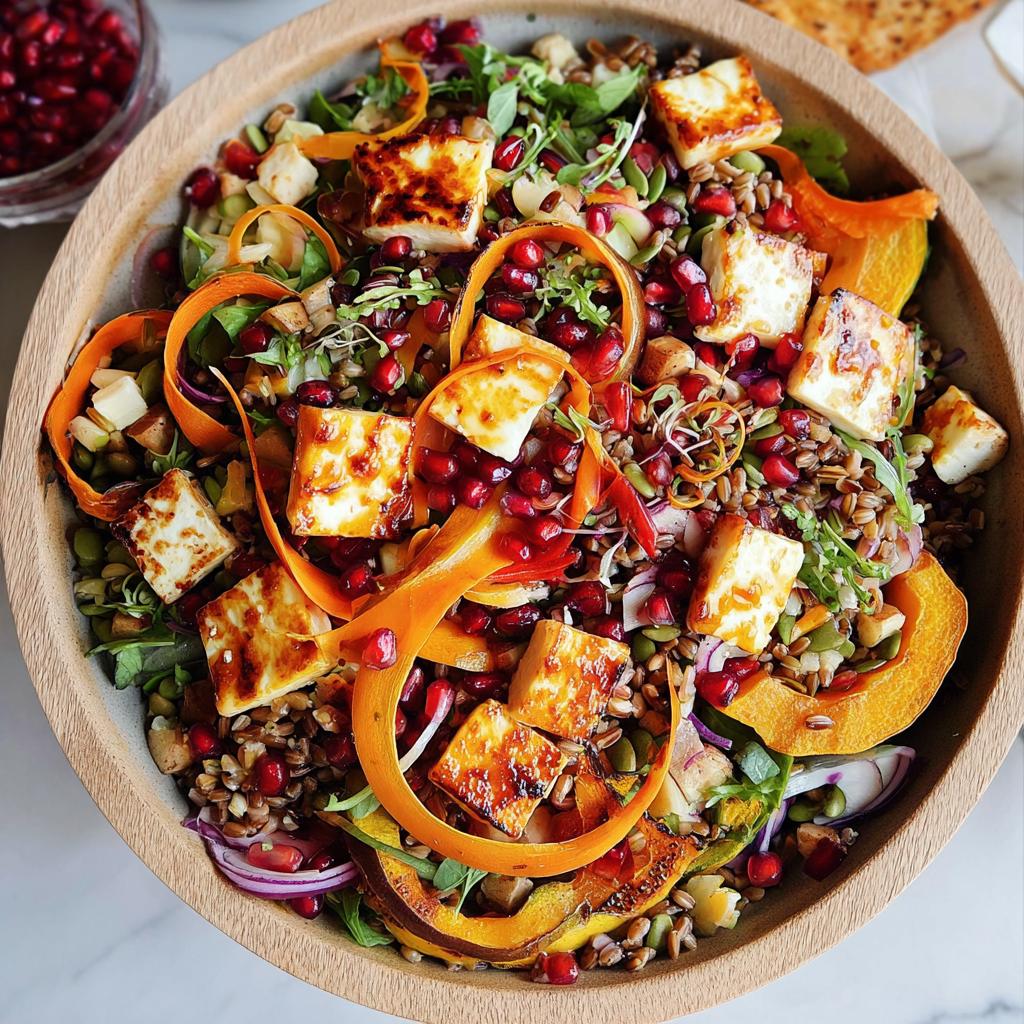 A colorful and hearty Thanksgiving salad recipe featuring grilled halloumi, pomegranate seeds, roasted squash, and shaved carrots.