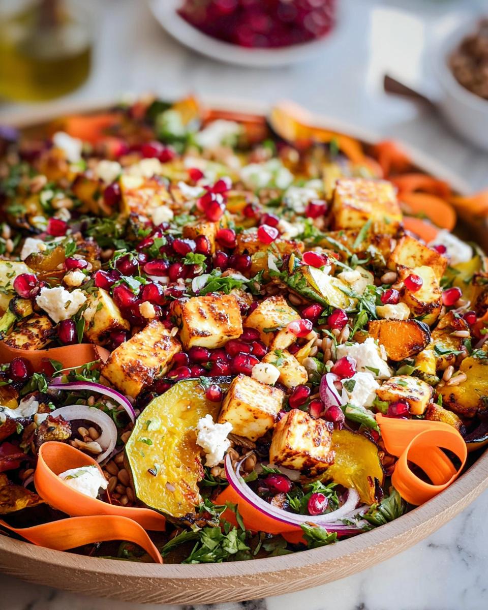 A vibrant Thanksgiving salad recipe featuring roasted butternut squash, grilled halloumi, pomegranate seeds, and fresh herbs.