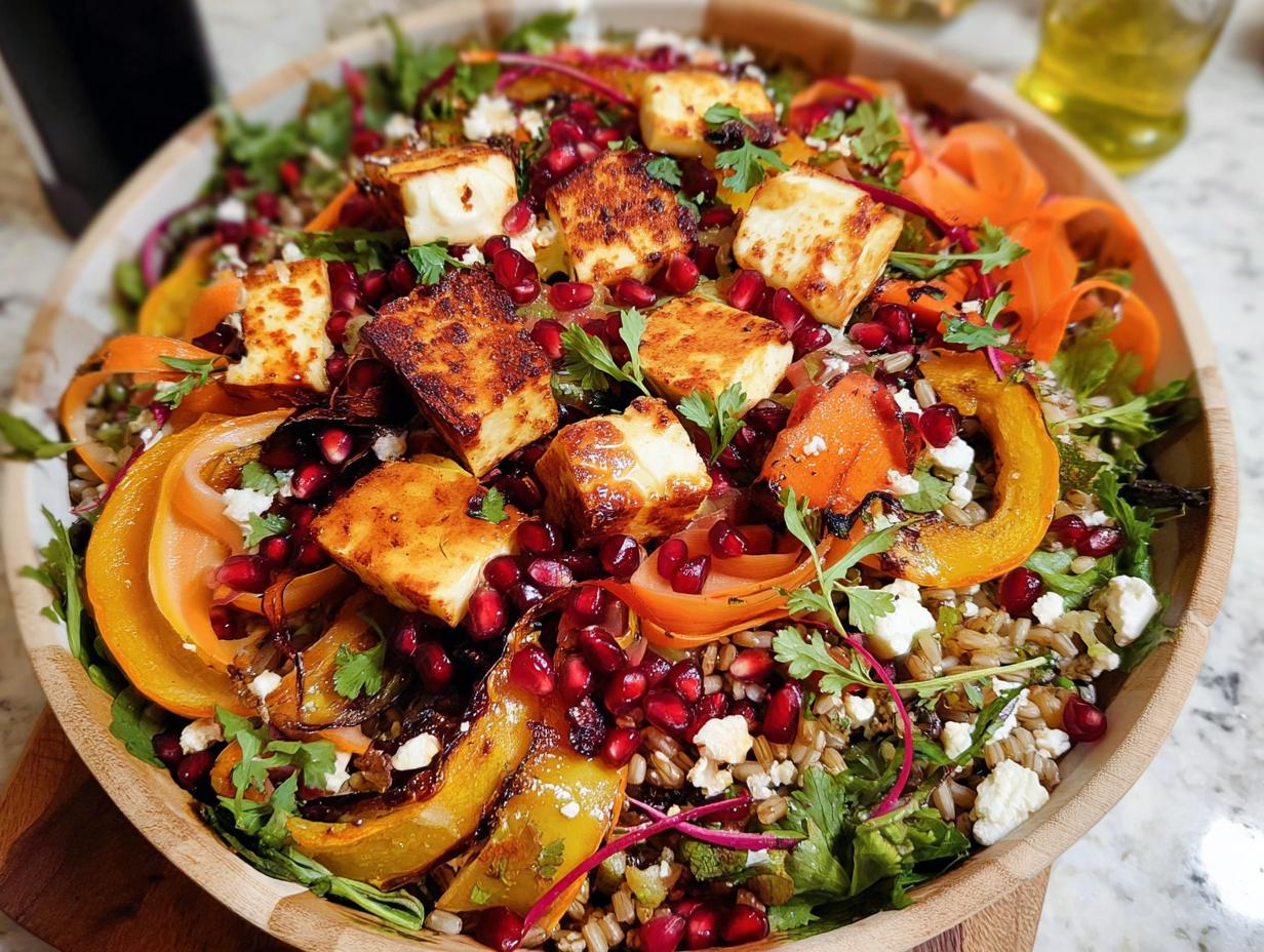 A vibrant Thanksgiving salad recipe featuring roasted squash, pomegranate seeds, grilled halloumi, and shaved carrots in a wooden bowl.