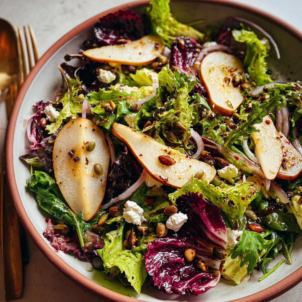 A vibrant Thanksgiving salad recipe with mixed greens, sliced pears, goat cheese, red onion, and pumpkin seeds.