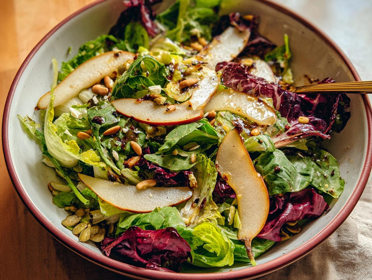 A vibrant Thanksgiving salad recipe featuring pear slices, mixed greens, nuts, and seeds in a bowl.
