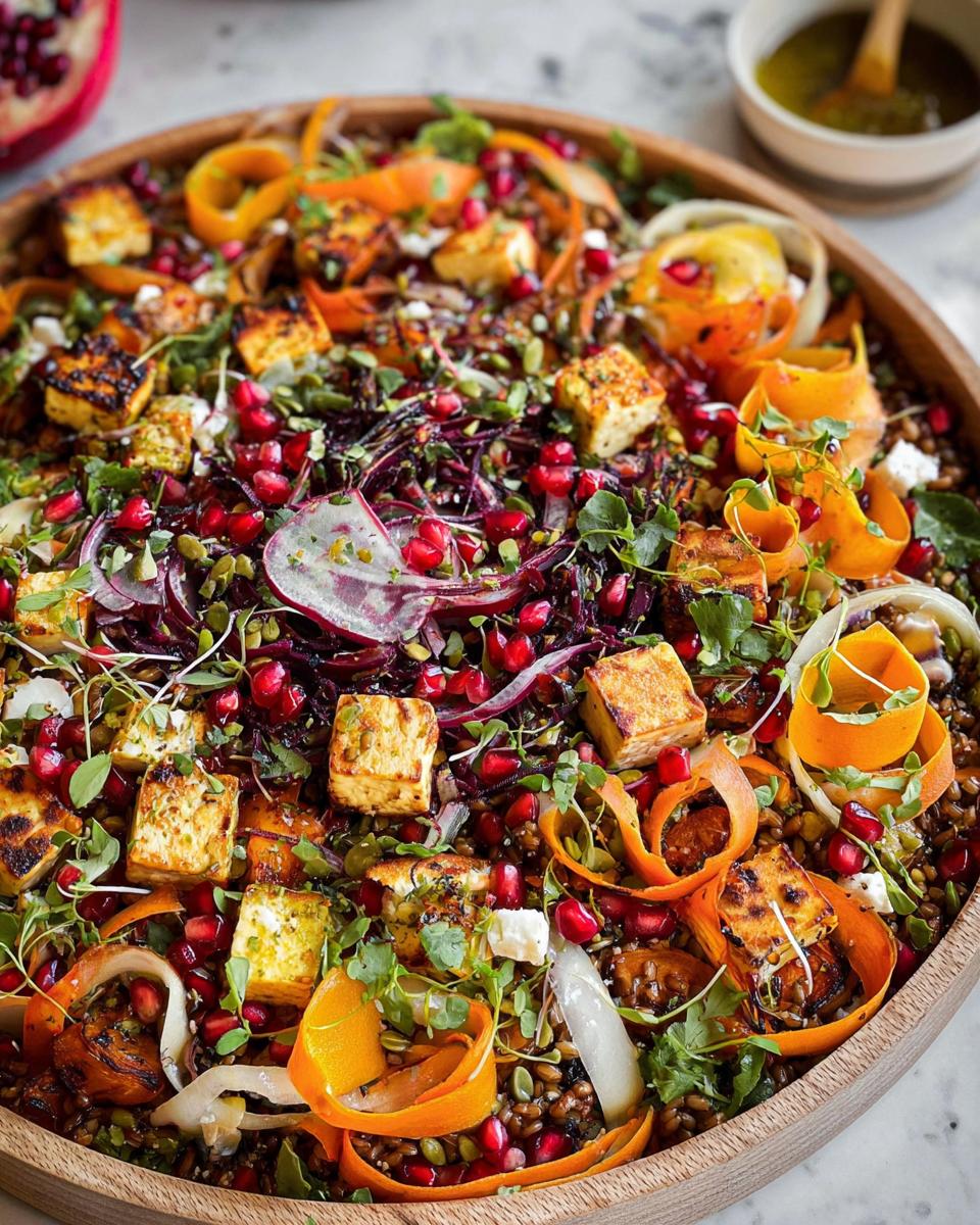 A colorful and hearty Thanksgiving salad recipe featuring lentils, roasted vegetables, pomegranate seeds, and pan-fried tofu cubes.