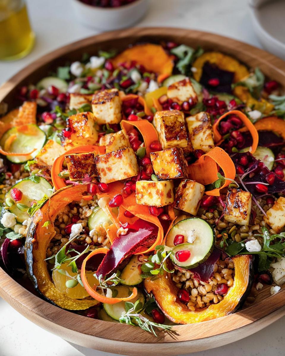 A vibrant Thanksgiving salad recipe featuring roasted squash, grilled halloumi, pomegranate seeds, and fresh greens in a wooden bowl.