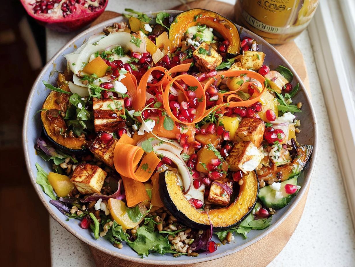 A vibrant Thanksgiving salad featuring roasted acorn squash, pan-fried halloumi, pomegranate seeds, and shaved carrots.