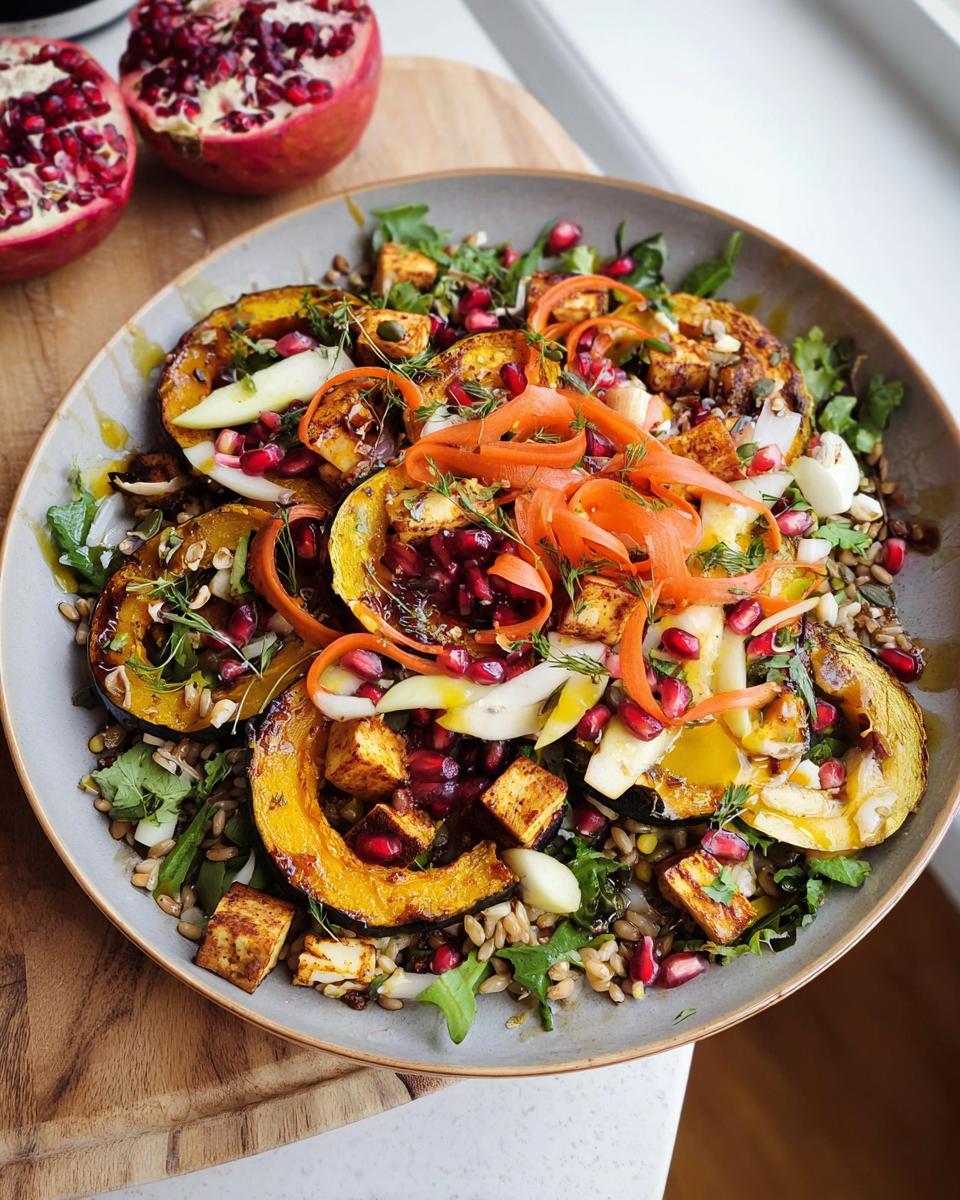 A vibrant Thanksgiving salad featuring roasted squash, pomegranate seeds, carrots, and tofu cubes.