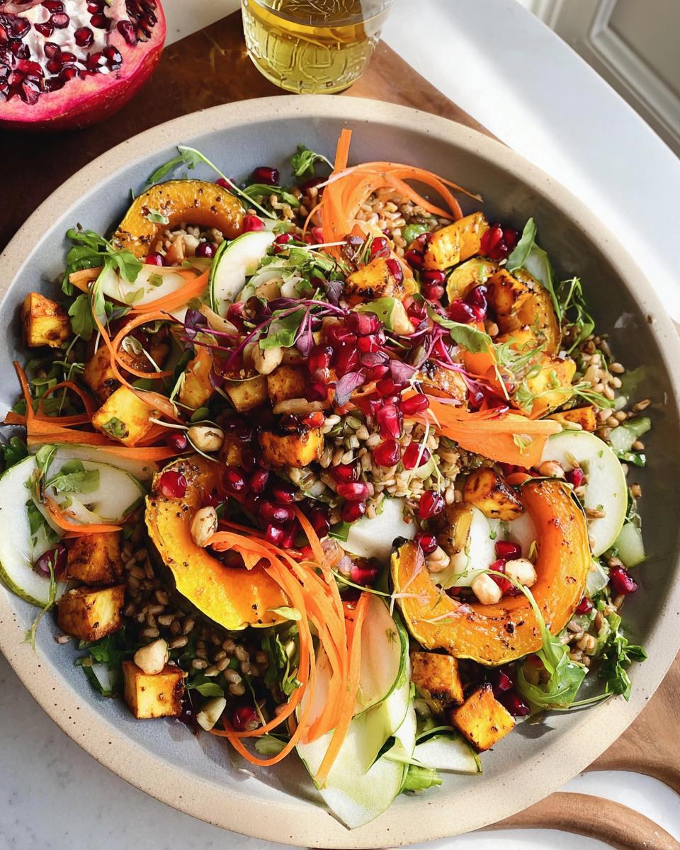 A vibrant Thanksgiving salad featuring roasted squash, pomegranate seeds, farro, and shaved carrots.