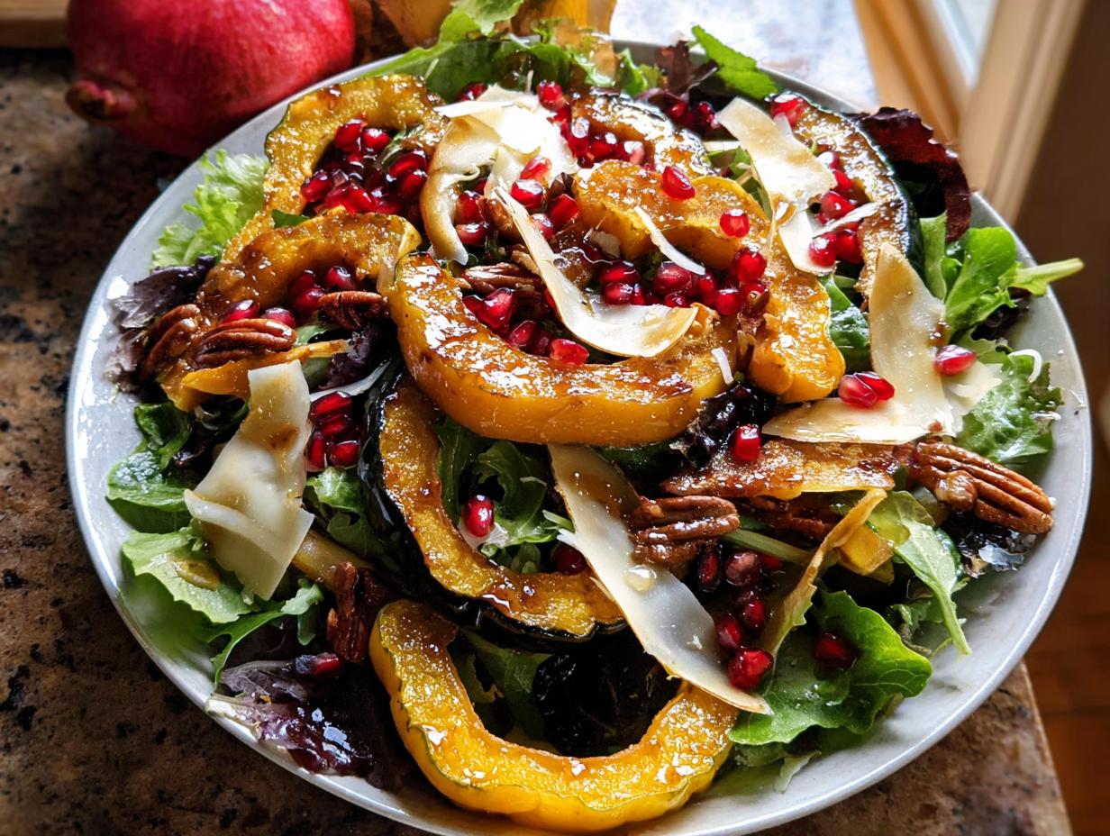 A vibrant Thanksgiving salad featuring roasted acorn squash, pomegranate seeds, pecans, and shaved Parmesan cheese on a bed of mixed greens.