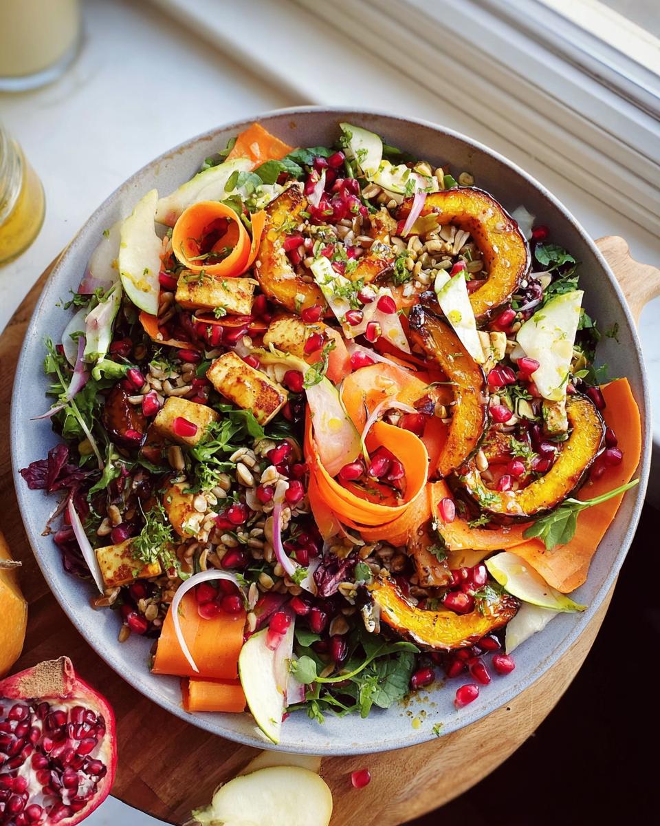 A vibrant Thanksgiving salad featuring roasted butternut squash, pomegranate seeds, apple slices, and carrots.