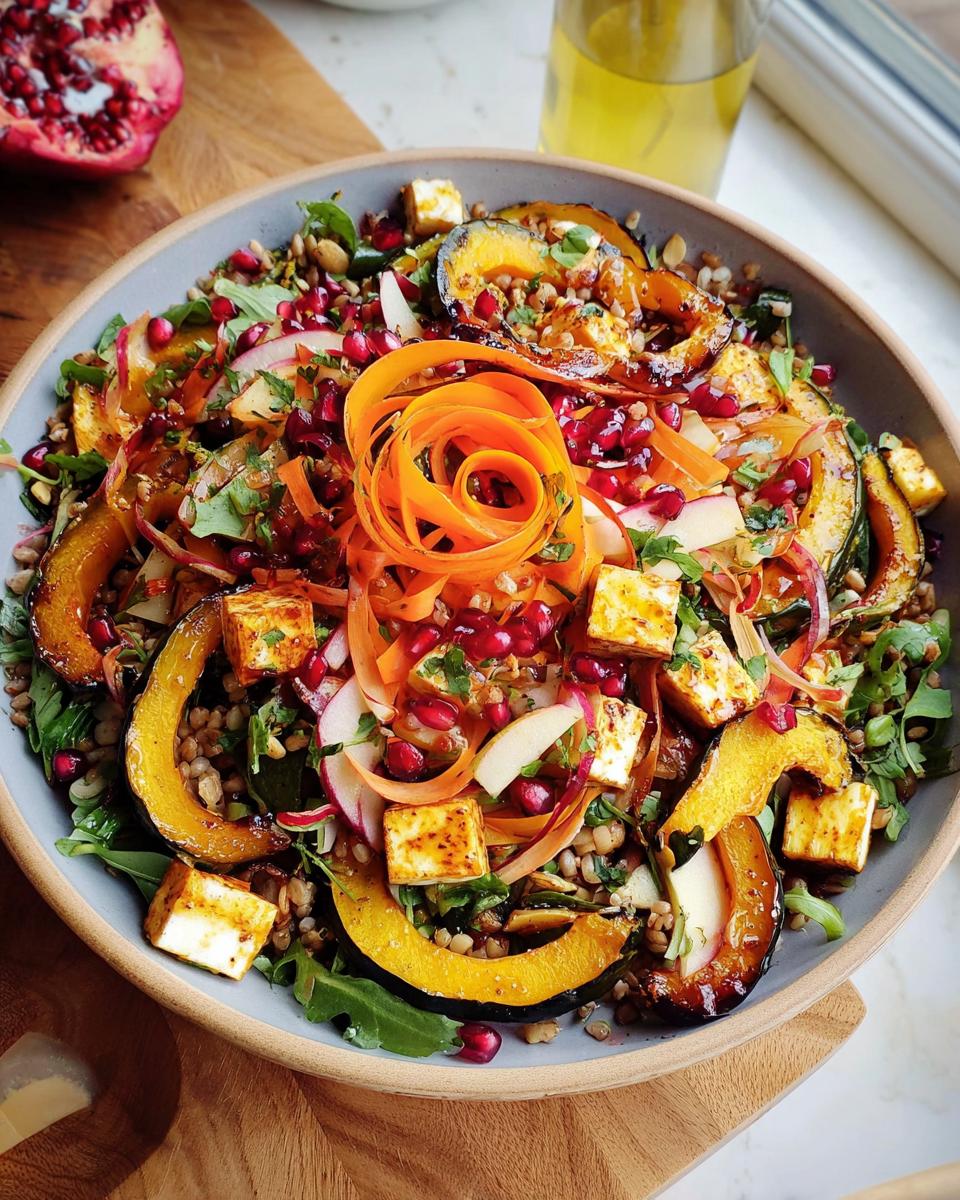 A vibrant Thanksgiving salad featuring roasted squash, pomegranate seeds, feta cheese, and shredded carrots.