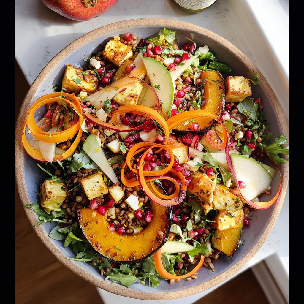 A vibrant Thanksgiving salad featuring roasted butternut squash, apple slices, pomegranate seeds, and crispy tofu.