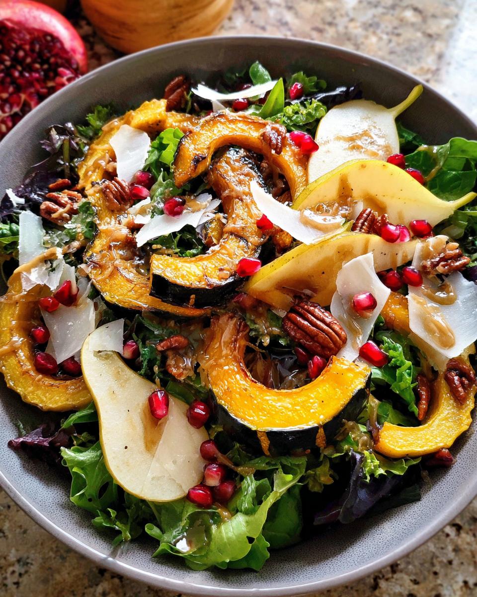 A vibrant Thanksgiving salad featuring roasted acorn squash, sliced pears, pomegranate seeds, pecans, and shaved parmesan.