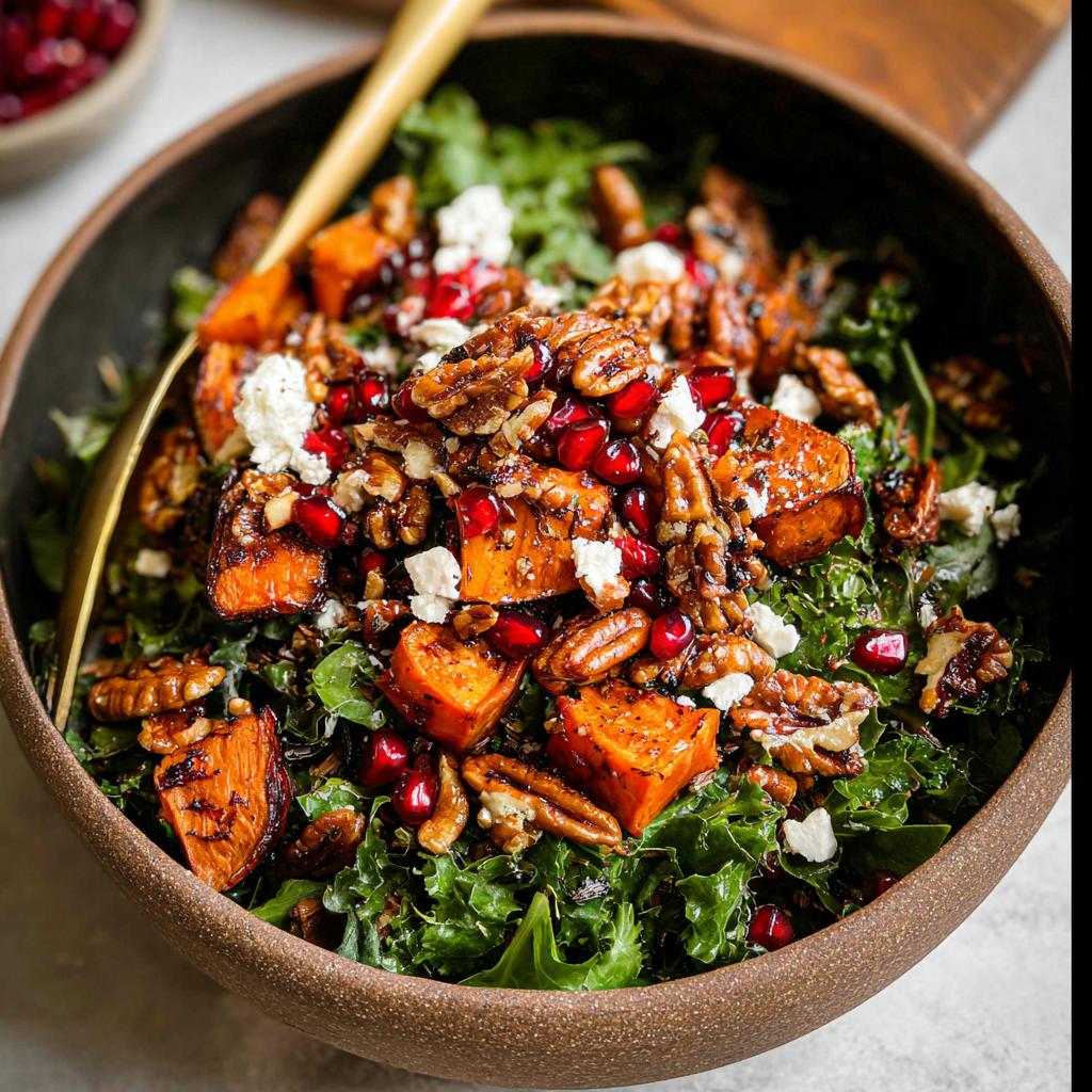 Close-up of a Thanksgiving salad with roasted sweet potatoes, kale, feta, pecans, and pomegranate seeds.