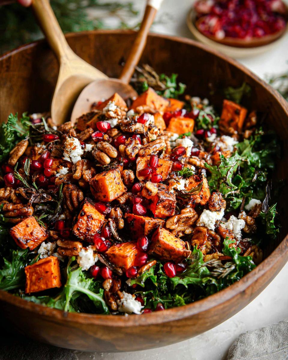 A vibrant Thanksgiving salad in a wooden bowl, featuring roasted sweet potatoes, pomegranate seeds, walnuts, and crumbled cheese.