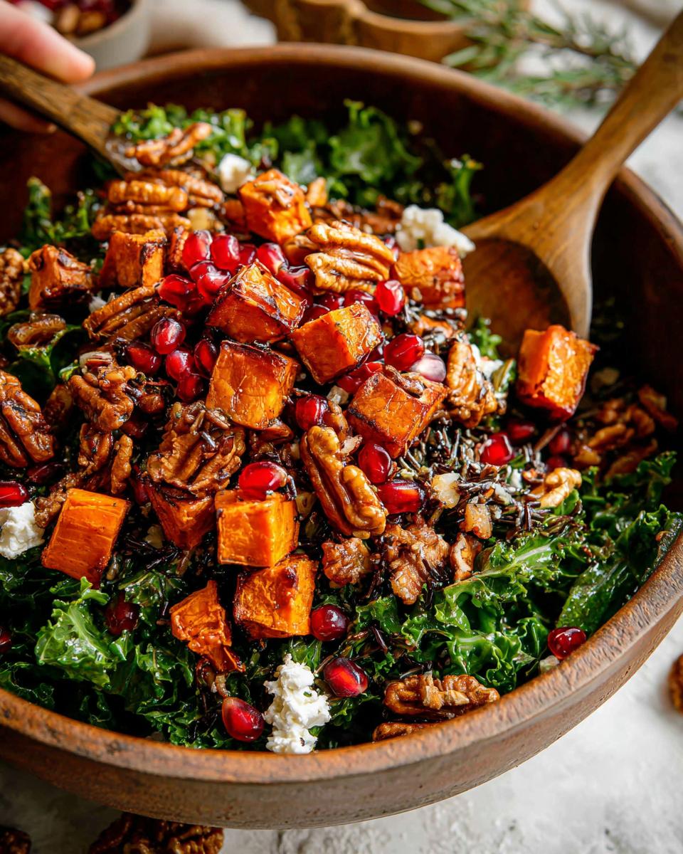 A vibrant Thanksgiving salad with kale, roasted sweet potatoes, pomegranate seeds, pecans, and goat cheese.