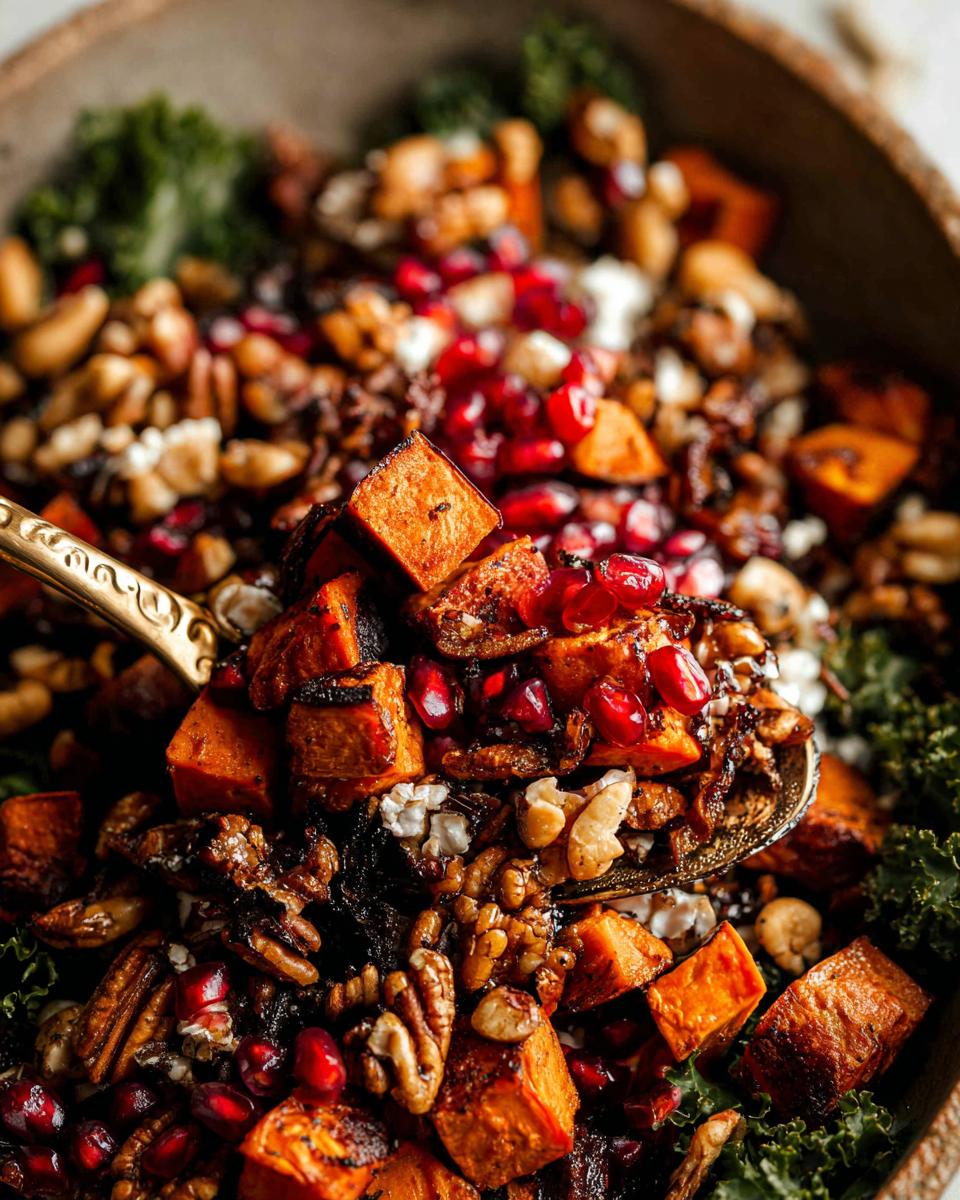 A close-up of a Thanksgiving salad featuring roasted sweet potatoes, pomegranate seeds, nuts, and kale.