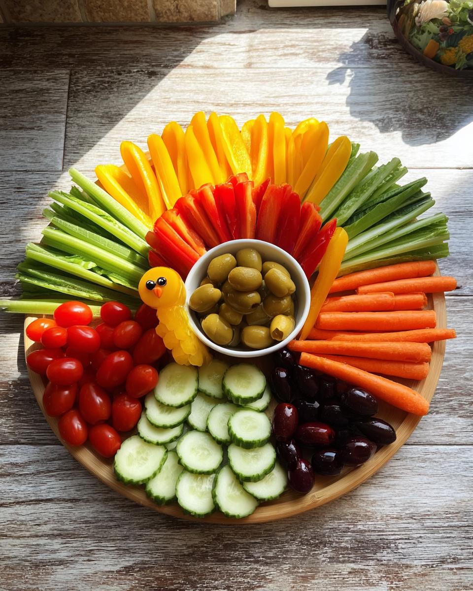 A colorful Thanksgiving Veggie Tray arranged in a sunburst pattern, featuring a cute chick made of cheese and olives.