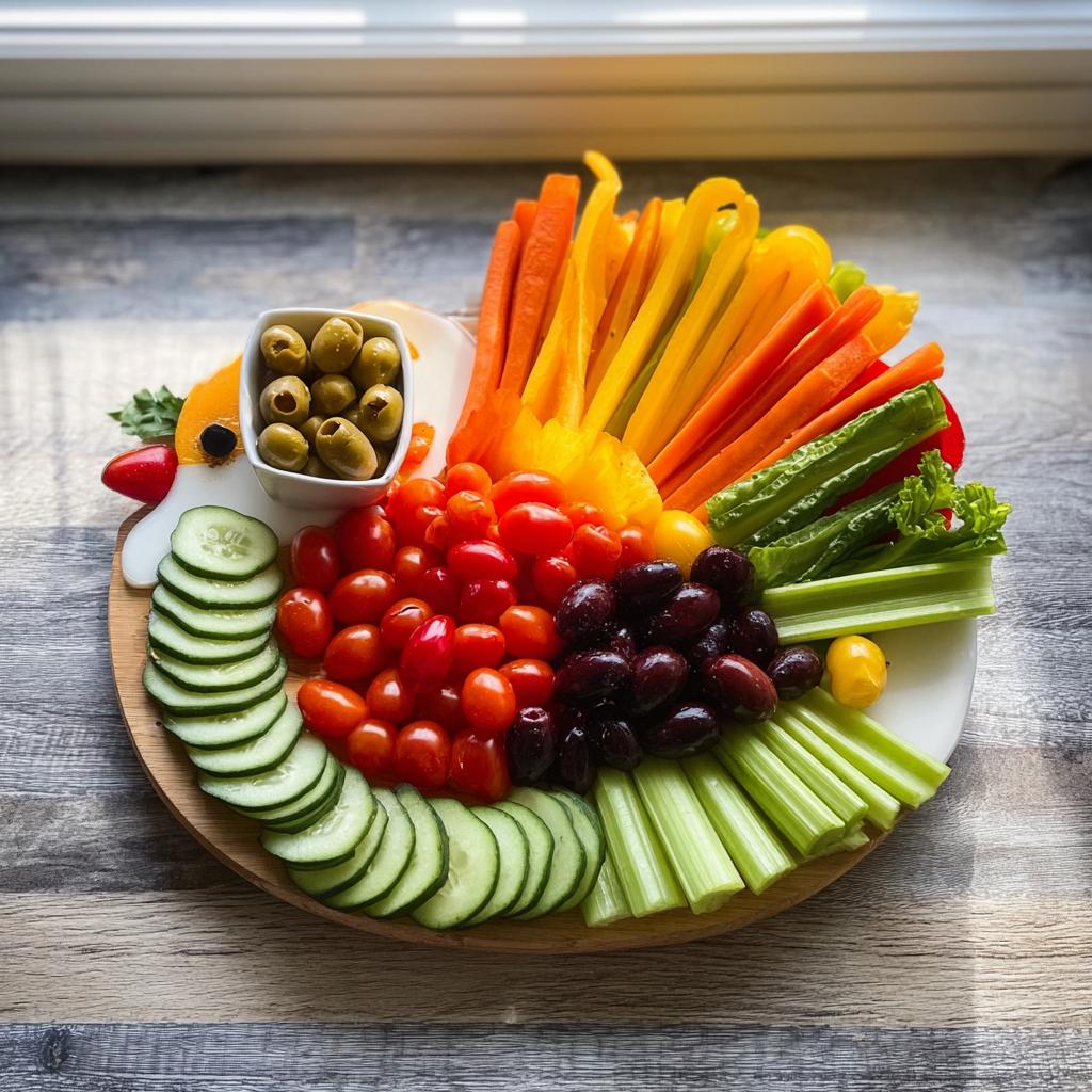 A colorful Thanksgiving veggie tray featuring sliced cucumbers, cherry tomatoes, olives, celery, and carrot sticks.