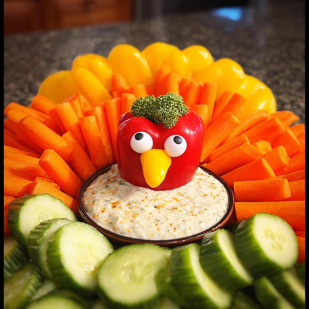 A festive Thanksgiving veggie tray recipe shaped like a turkey, featuring carrots, cucumbers, and bell peppers surrounding a dip.