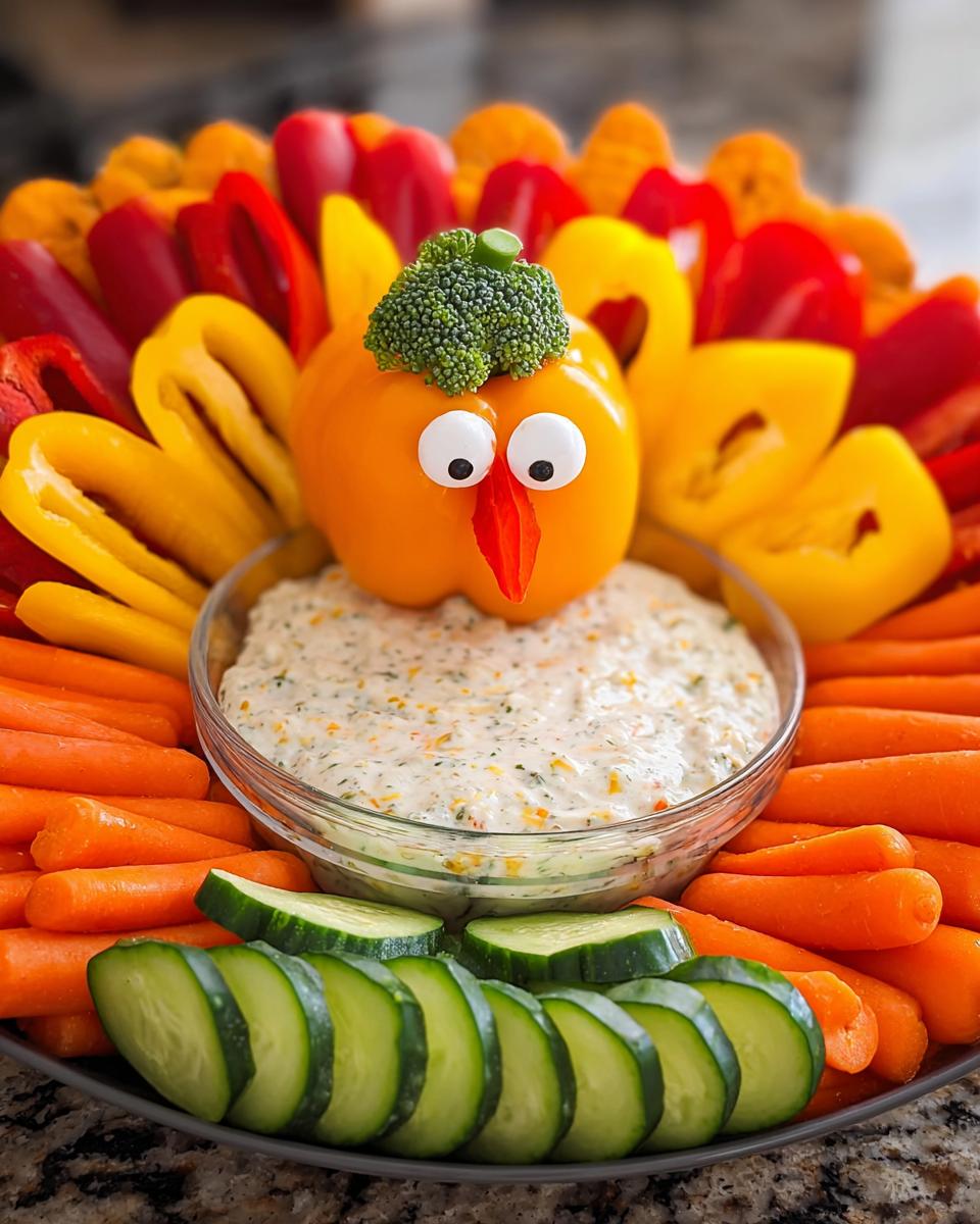 A fun Thanksgiving veggie tray recipe featuring a turkey made from a bell pepper, broccoli, and carrot, surrounded by colorful bell pepper slices, carrots, and cucumbers.