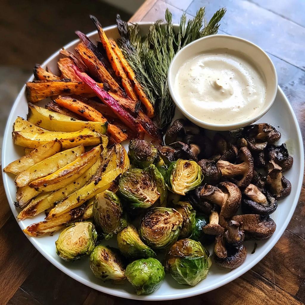 A vibrant Thanksgiving veggie tray featuring roasted Brussels sprouts, carrots, potatoes, mushrooms, and a creamy dip.