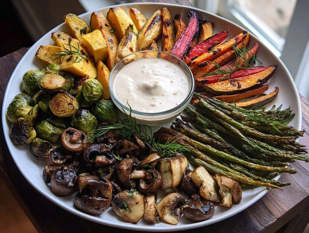 A vibrant Thanksgiving veggie tray featuring roasted Brussels sprouts, mushrooms, asparagus, sweet potatoes, and butternut squash with a creamy dipping sauce.