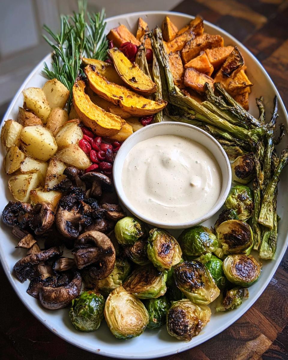 A vibrant and delicious Thanksgiving veggie tray featuring roasted Brussels sprouts, sweet potatoes, asparagus, mushrooms, and potatoes with a creamy dipping sauce.