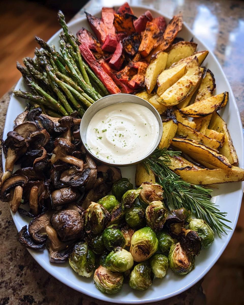 A beautiful Thanksgiving veggie tray featuring roasted asparagus, sweet potatoes, potatoes, mushrooms, and Brussels sprouts with a creamy dipping sauce.