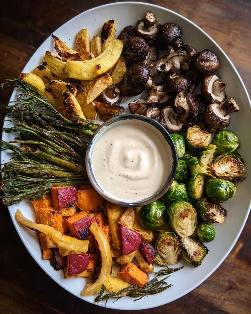 A vibrant Thanksgiving veggie tray featuring roasted Brussels sprouts, mushrooms, sweet potatoes, and green beans with a creamy dipping sauce.