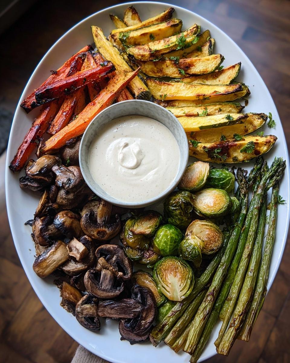 A variety of roasted vegetables, including carrots, zucchini, mushrooms, Brussels sprouts, and asparagus, arranged on a platter with a creamy dip. Best Thanksgiving Veggie Tray 2025.