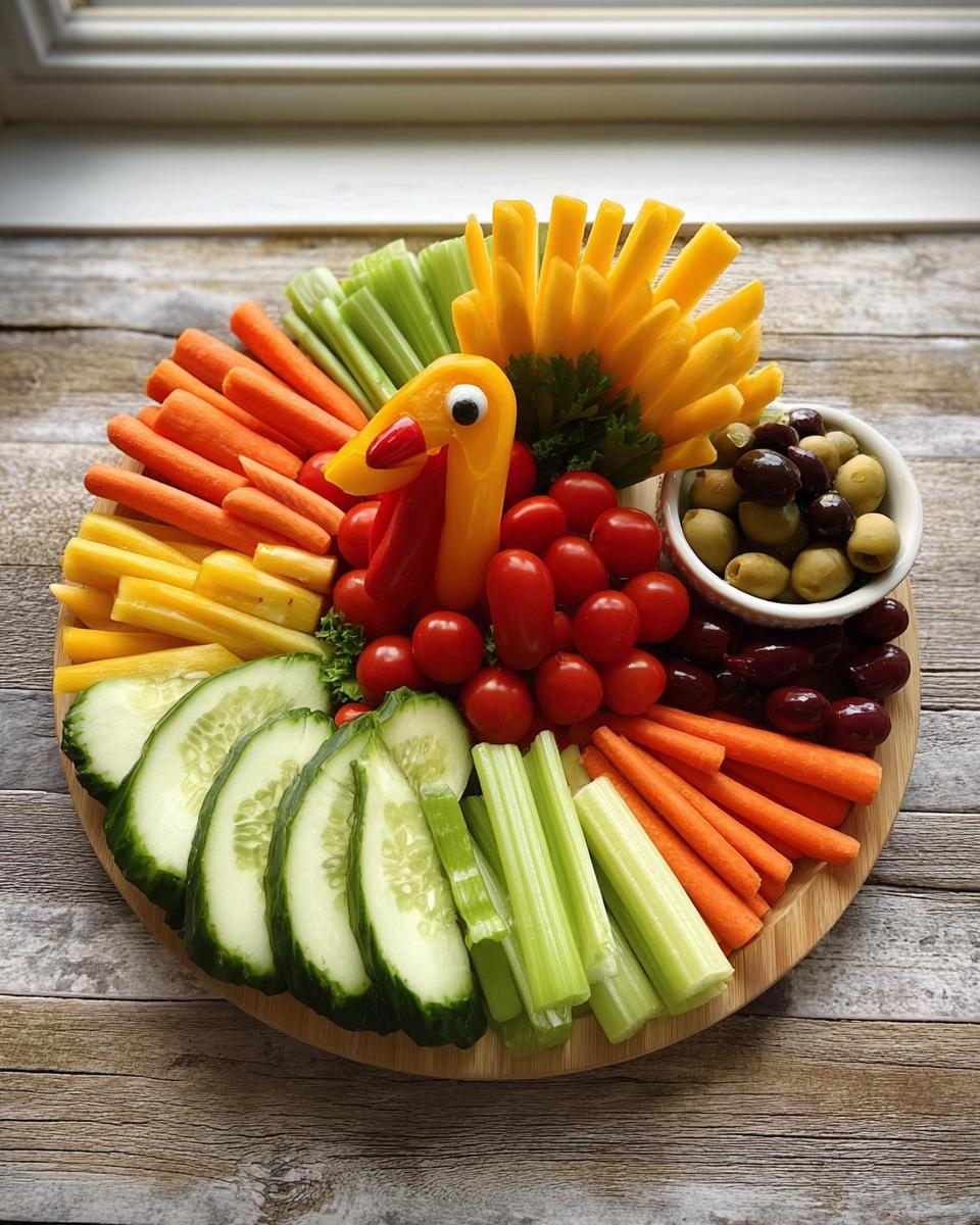 A fun Thanksgiving veggie tray arranged in the shape of a turkey, featuring carrots, celery, cucumbers, tomatoes, and olives.