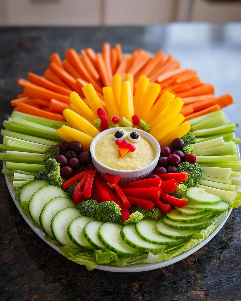 A festive Thanksgiving Veggie Tray arranged in the shape of a turkey, featuring various colorful vegetables and dip.