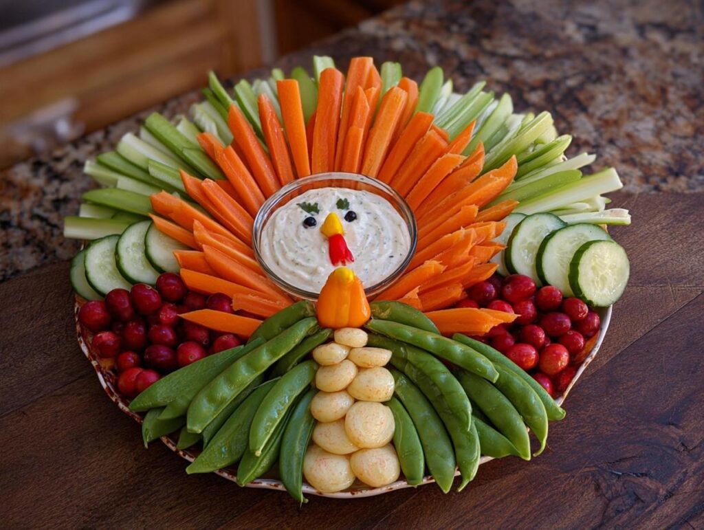 A festive Thanksgiving veggie tray arranged in the shape of a turkey, featuring carrots, celery, cucumbers, snap peas, cranberries, and dip.