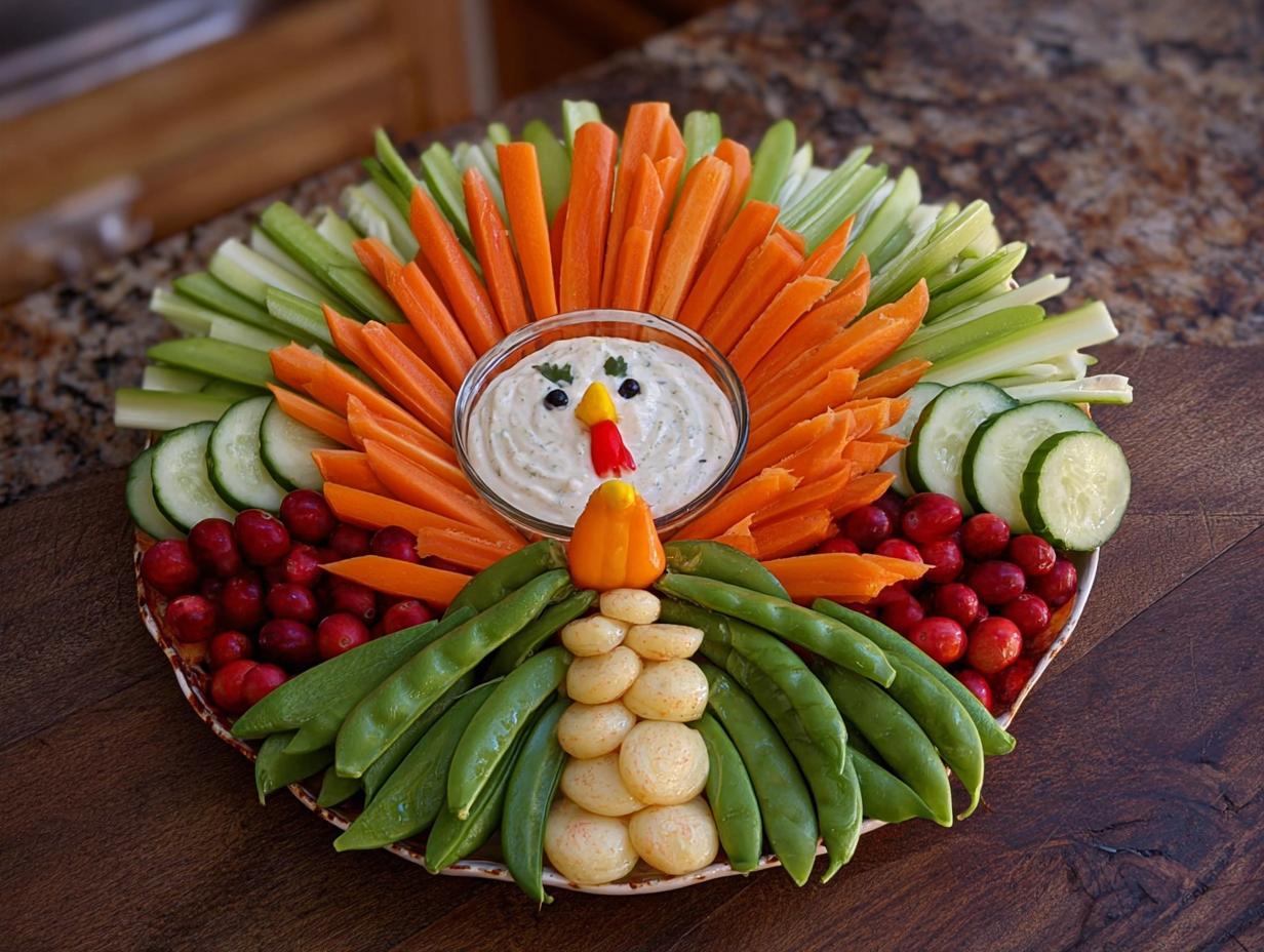 A festive Thanksgiving veggie tray arranged in the shape of a turkey, featuring carrots, celery, cucumbers, snap peas, cranberries, and dip.