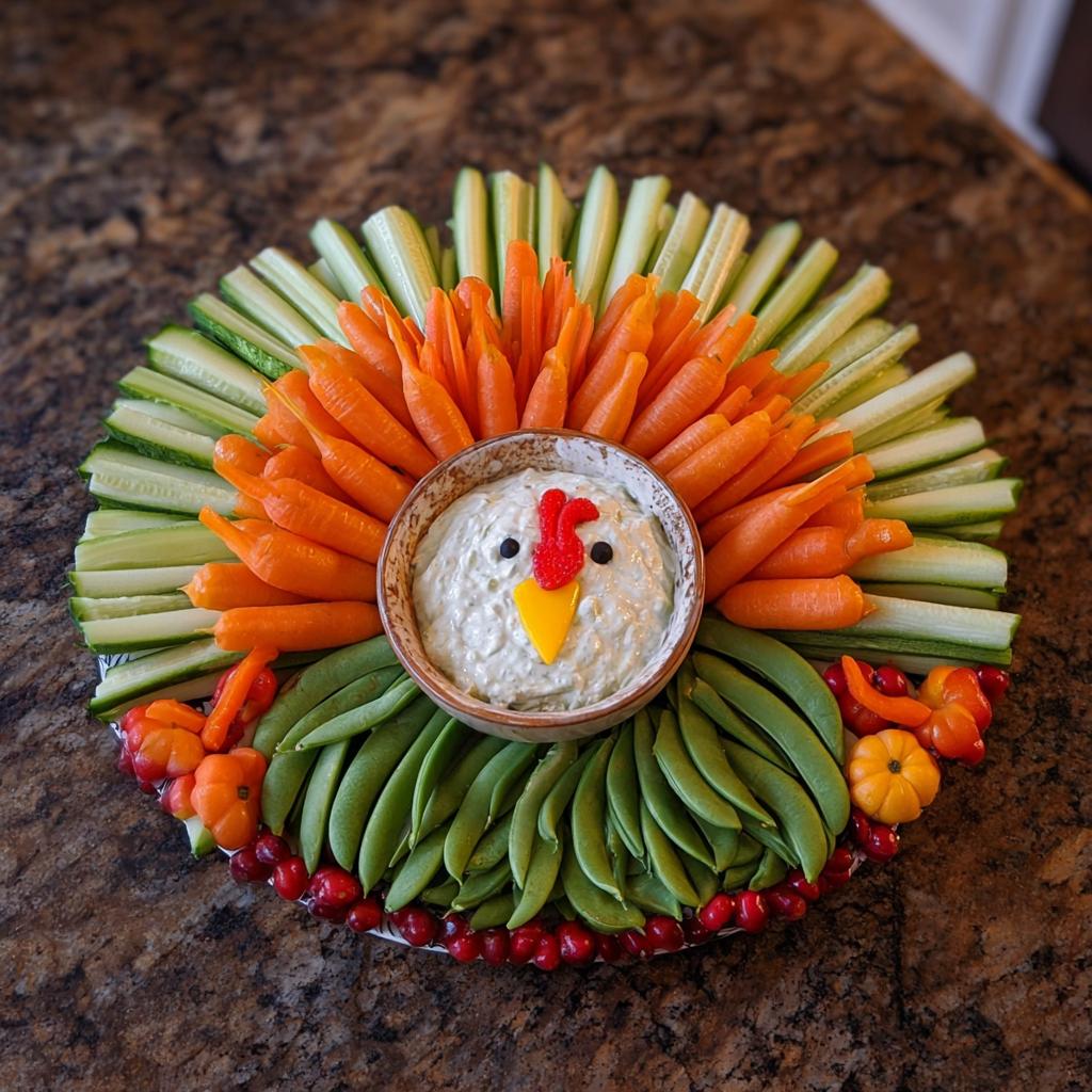 A creative Thanksgiving veggie tray shaped like a turkey, featuring a dip face with carrot beak and cucumber/carrot feathers.