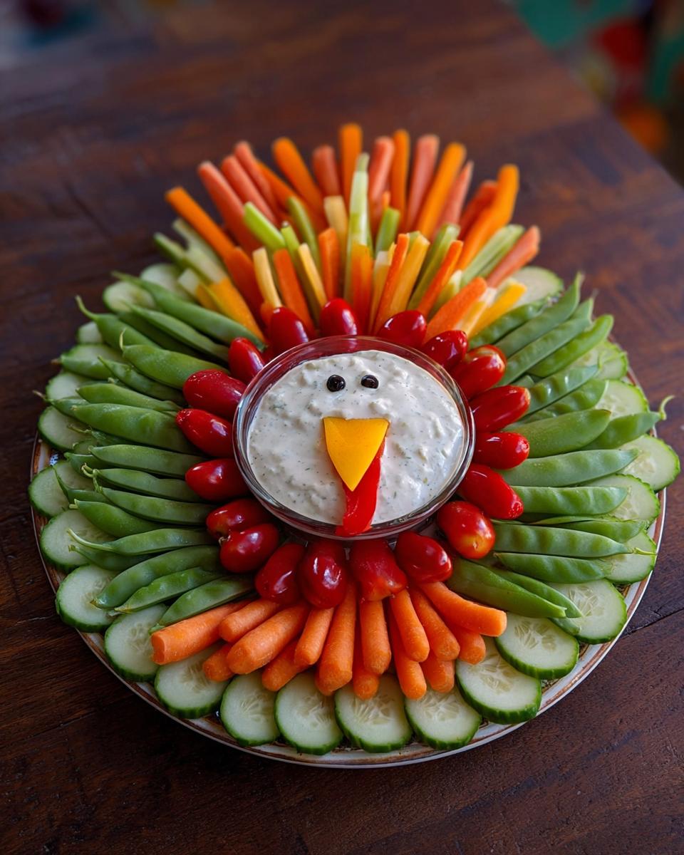 A fun Thanksgiving veggie tray arranged in the shape of a turkey, featuring a dip bowl as the head and various colorful vegetables for the body and feathers.