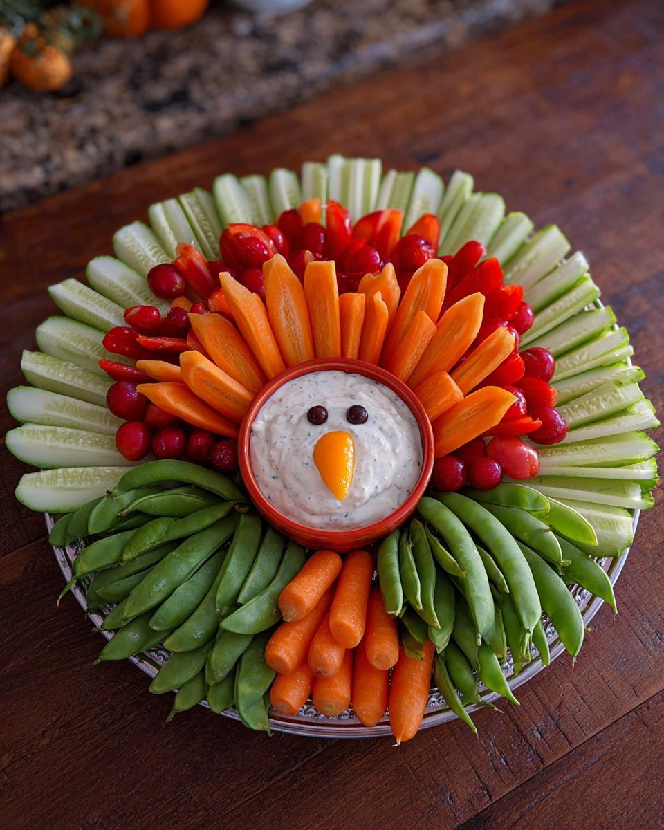 A festive Thanksgiving veggie tray arranged in the shape of a turkey, featuring a dip as the body and various vegetables for feathers.