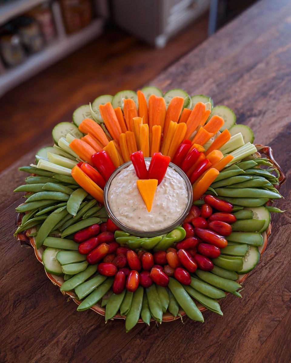 A festive Thanksgiving veggie tray arranged to look like a turkey, featuring various fresh vegetables and dip.