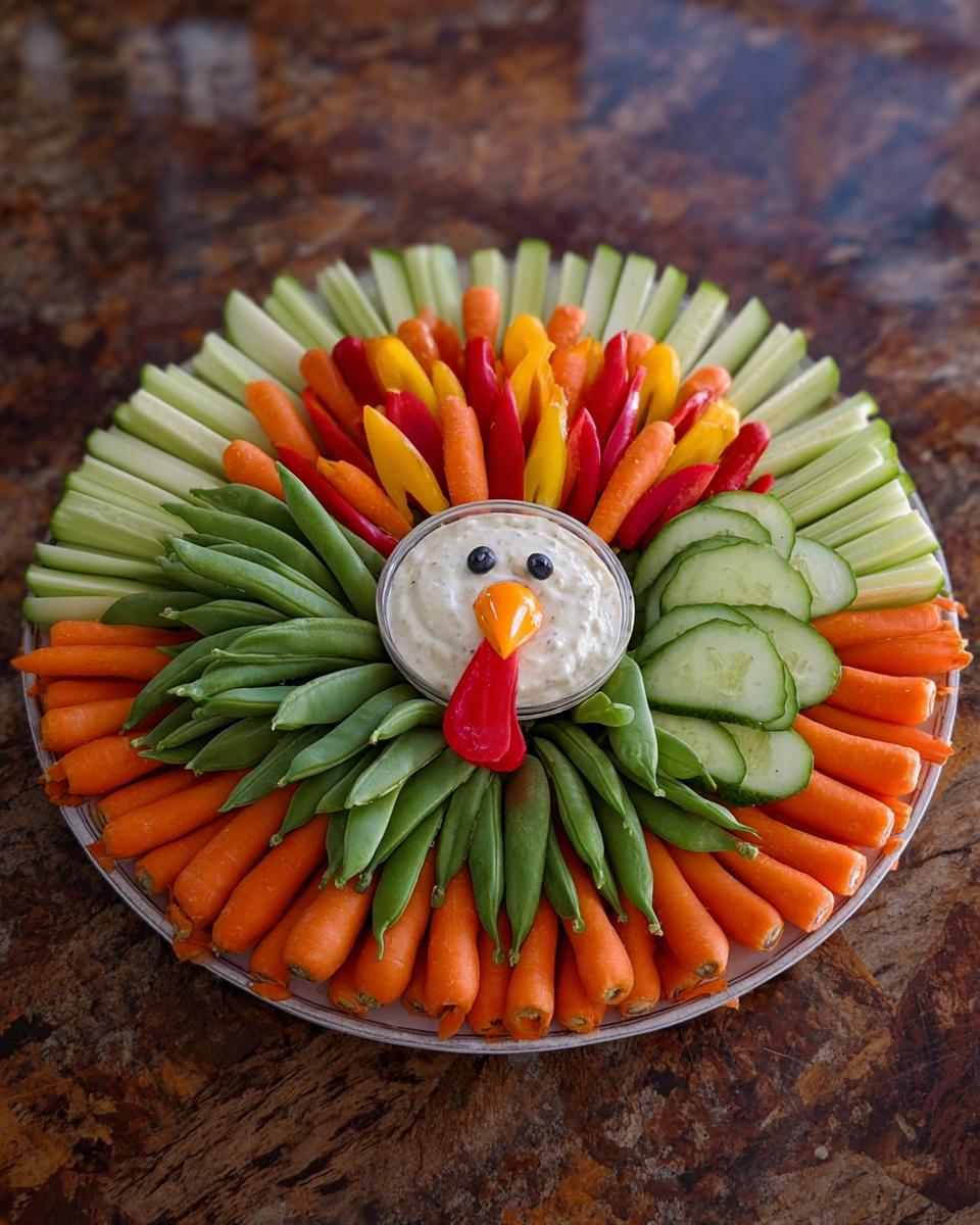 A festive Thanksgiving veggie tray arranged in the shape of a turkey, featuring various colorful vegetables and dip.