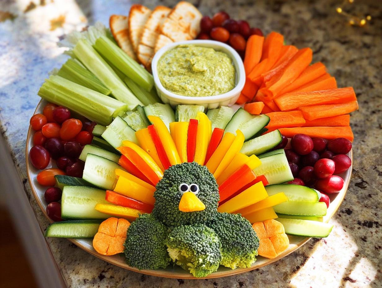 A Thanksgiving Veggie Tray for Busy Weeknights, creatively arranged to look like a turkey with broccoli body, bell pepper feathers, and veggie sticks.