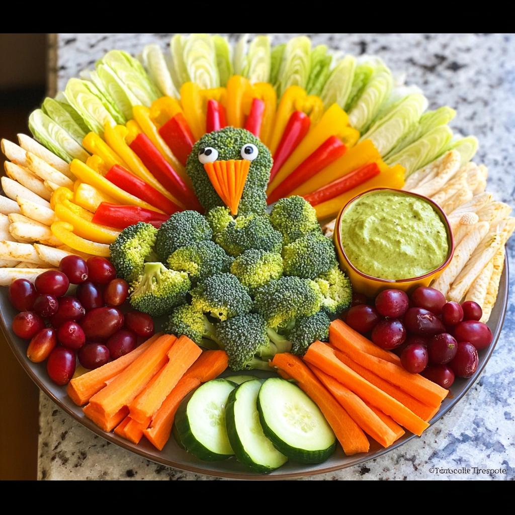 A festive Thanksgiving veggie tray arranged in the shape of a turkey, featuring broccoli, bell peppers, carrots, grapes, and cucumber slices.