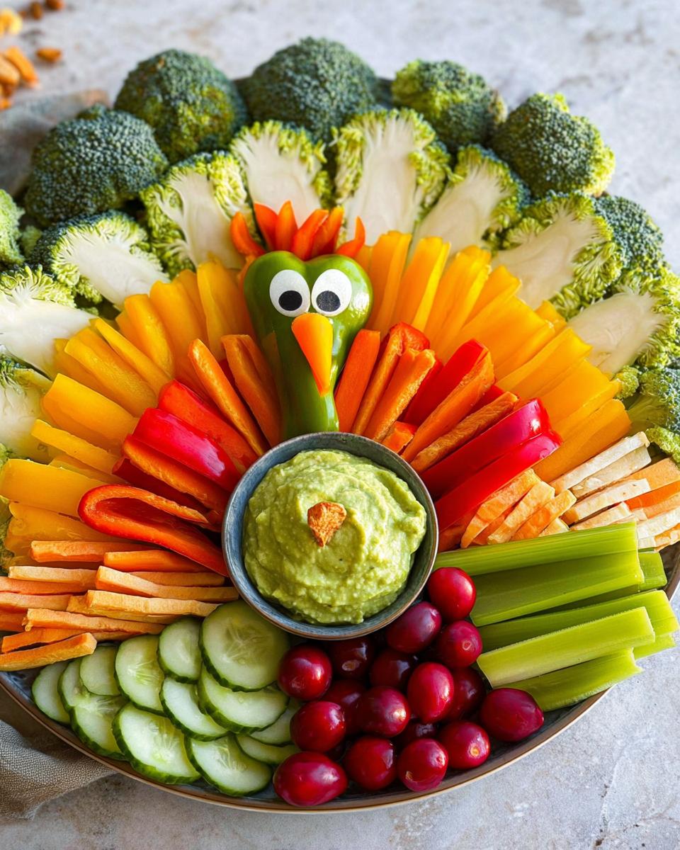 A Thanksgiving Veggie Tray arranged in the shape of a turkey, featuring broccoli, bell peppers, carrots, cucumbers, and dip.