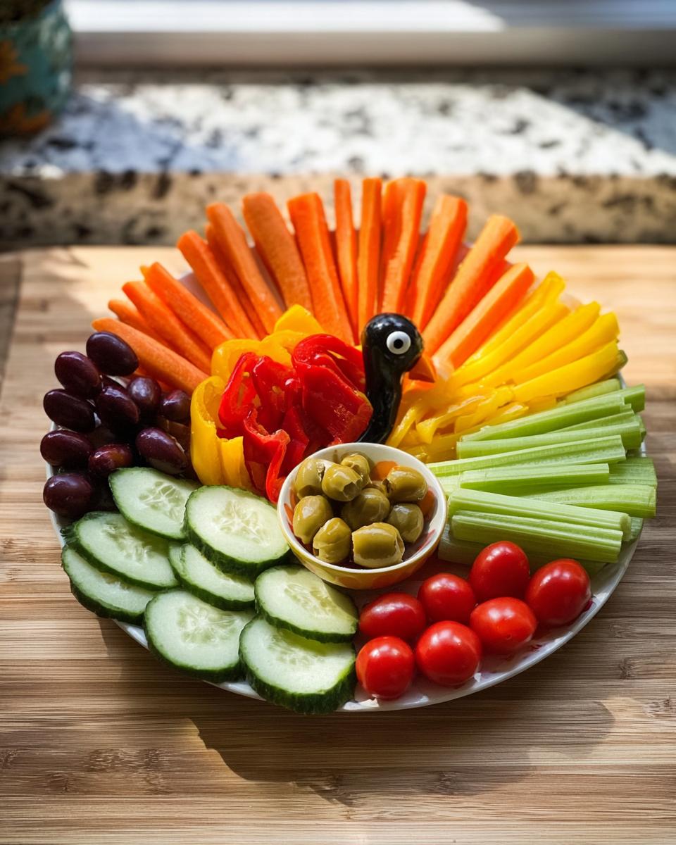A colorful Thanksgiving veggie tray arranged to look like a turkey, featuring carrots, bell peppers, celery, cucumbers, tomatoes, olives, and grapes.
